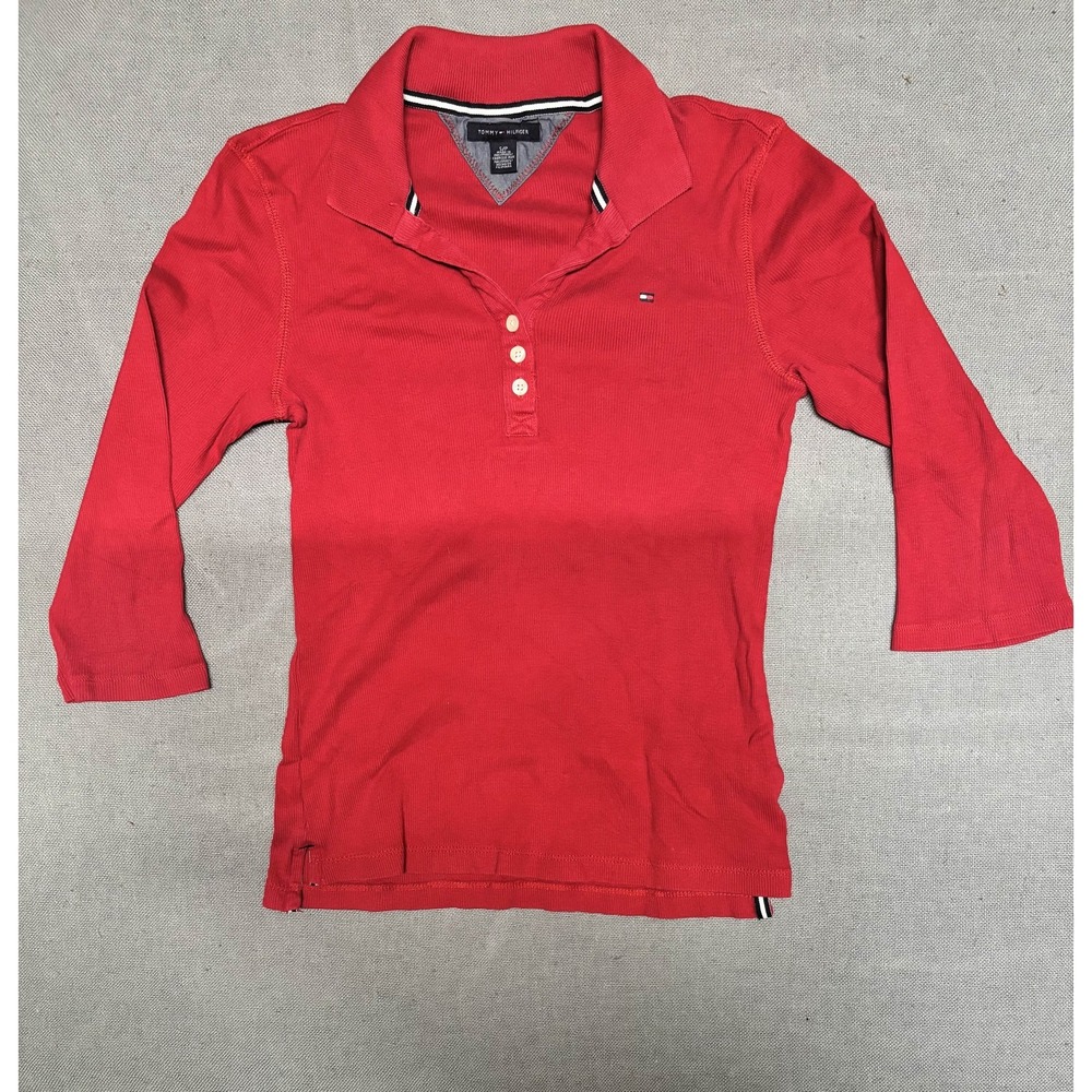 Tommy Hilfiger Womens Red Ribbed Polo Shirt 3/4 Sleeve Cotton Blend Size S
